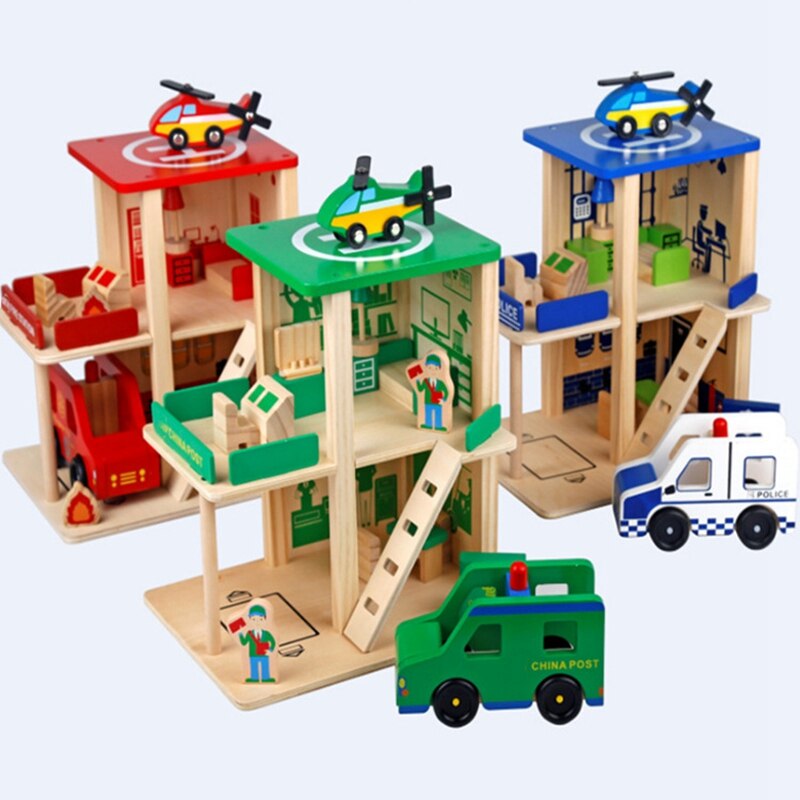 Children Play House Role Playing Simulation DIY Hut Police Station Fire Station Post Office Wooden Toy Blue