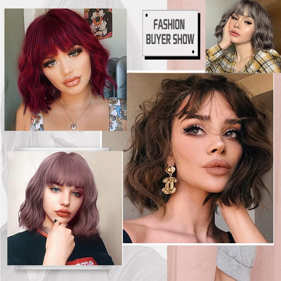 SUe EXQUISITE Wavy Wig 12'' Short Bob Wigs With Air Bangs Shoulder Length Women's Curly Wavy Short Wig for Halloween Costume