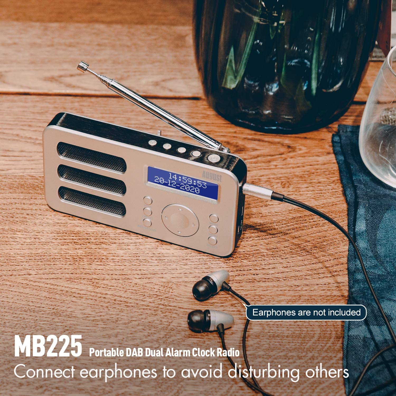 August MB225 Radio Portátil Digital Dab/Dab+/FM Radio Pequeña con Batería Recargable Dual Alarma Despertador Snooze RDS 40 Presintonias Pantalla LCD Radio Estéreo/Mono