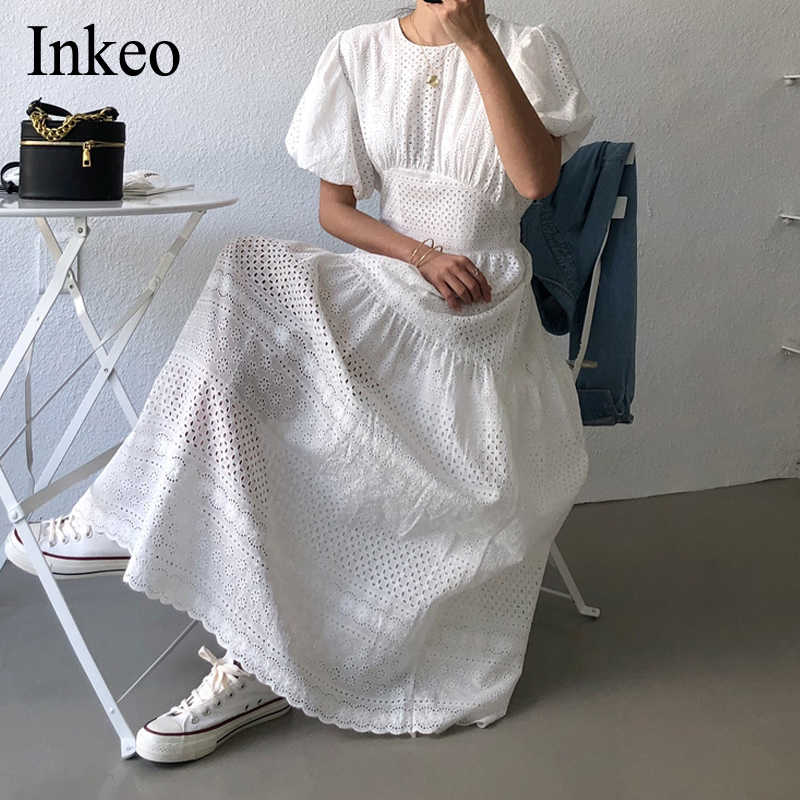 Sommer Frauen Strand Stil Solide max kleid O-ansatz Puff hülse Kleider hoch Straße Weibliche Vestidos INKEO 9D217