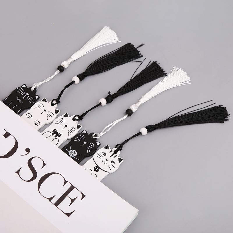 Cute Cartoon Cat Wooden Bookmark Book Page With Tassel Student Stationery School