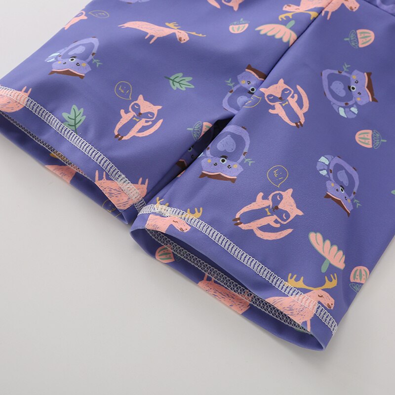 Kid Baby Boy 3Pcs Summer Swimwear Swimsuit Cartoon Fox Print Short Sleeve Top Purple Short Pants Cap Swim Beach Bathing Suit