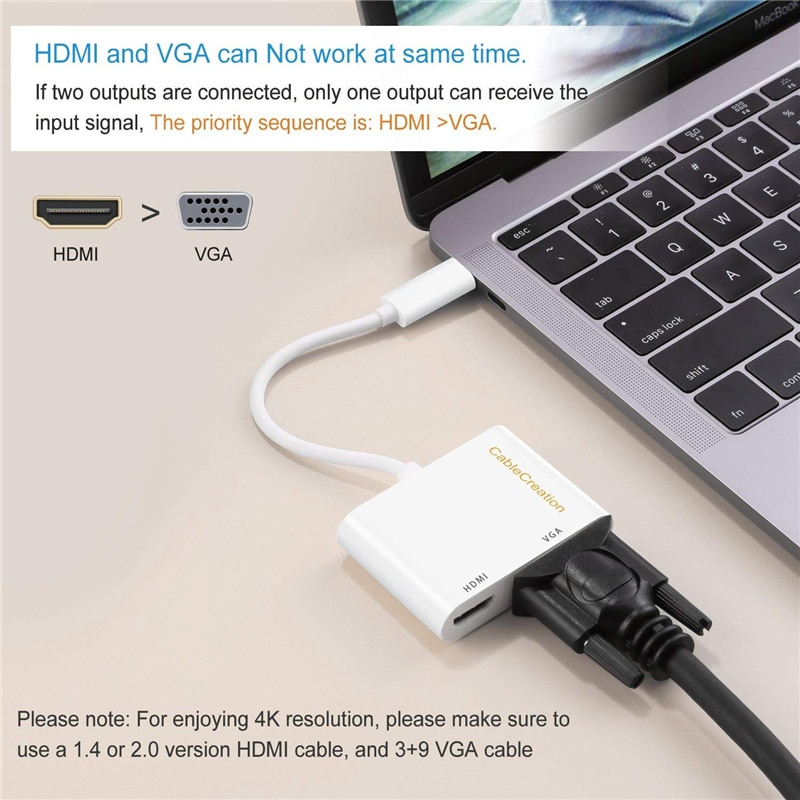 USB C to HDMI + VGA, USB Type C (Thunderbolt 3 Compatible) to HDMI 4K+VGA Adapter, Compatible Macbook Pro/Chromebook Pixe
