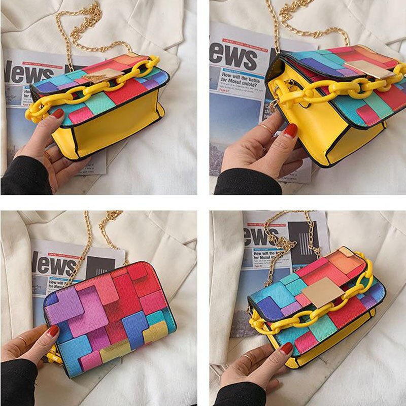 Vrouwen Mode Schoudertassen Keten Draagbare Crossbody Tassen Voor Vrouwen Regenboog Kleur Mini Vierkante Zak Pu Lederen Ketting tas