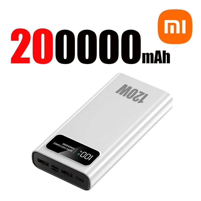 Xiaomi 120W Super Fast Charging 200000mAh Power Bank Ultralarge Capacity Digital Display Power Bank For iPhone External Battery: Silver