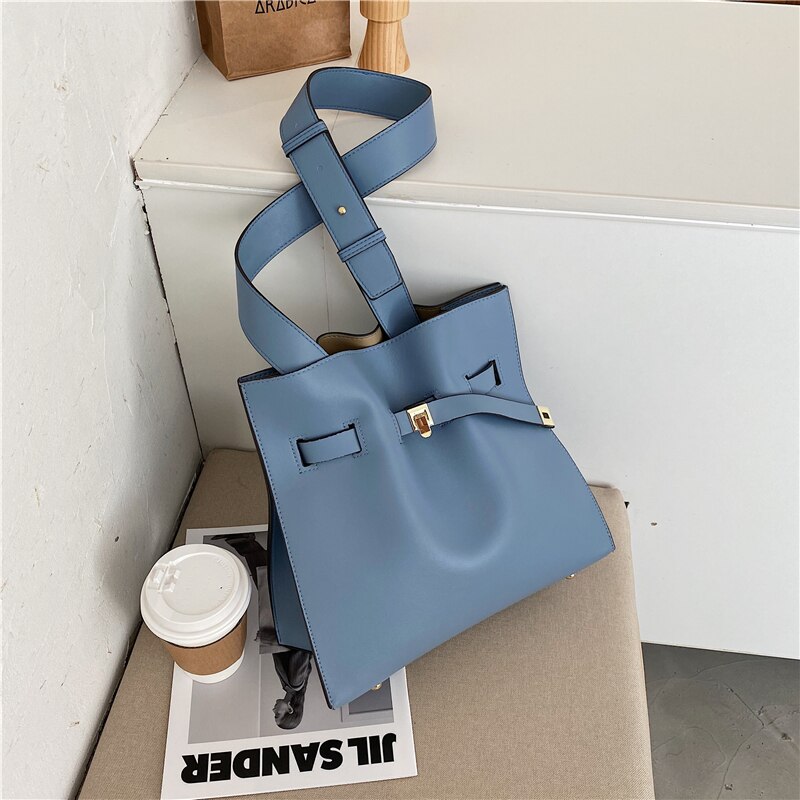 Vintage grand sac seau en cuir PU femmes sac à main haute capacité sac à bandoulière: Blue