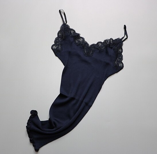 70% Zijde 30% Katoen Gebreide Kant Hemdje Vest Nachtkleding Spaghetti Band SJ309: navy