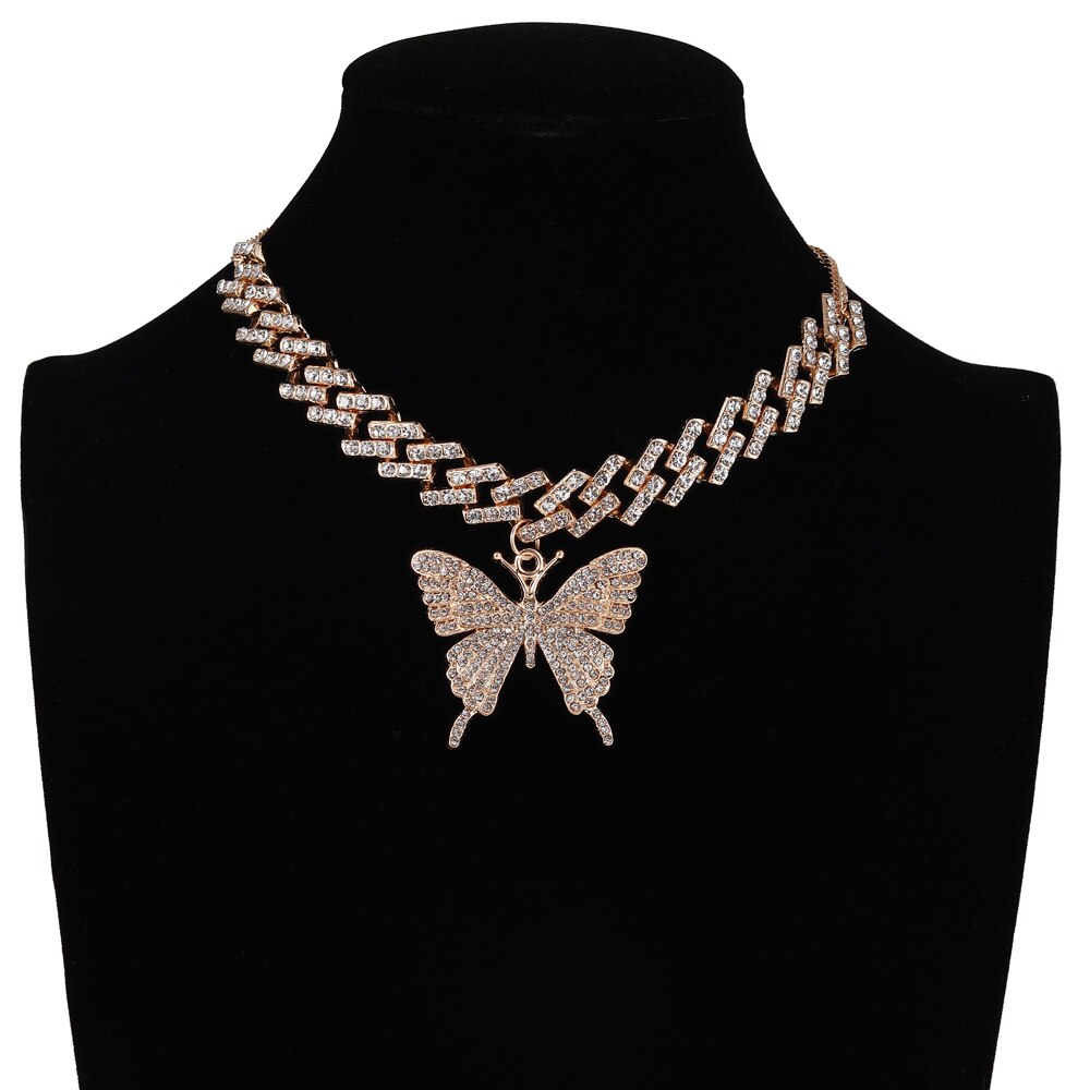 Collar de mariposa grande para mujer, cadena de eslabones cubanos de diamantes de imitación, Gargantilla con estilo, joyería Y2k de lujo: gold color