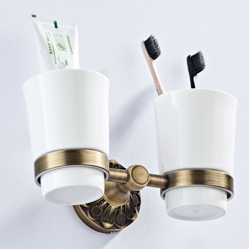 Antieke Badkamer Accessoires Set Brons Vintage Messing Föhn Houder Wc Papier Handdoekenrek Ring Zeep Mand Gewaad Haak Handvaten: Double Cup Holder