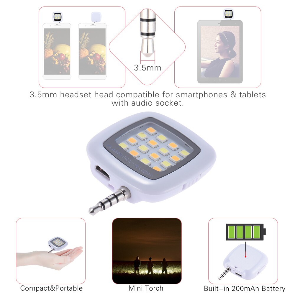 Portátil de 3,5mm Mini Selfie Flash LED de luz RK05 para cámara iPhone, IOS, Android Smartphone múltiples Selfie sincronización fotografía