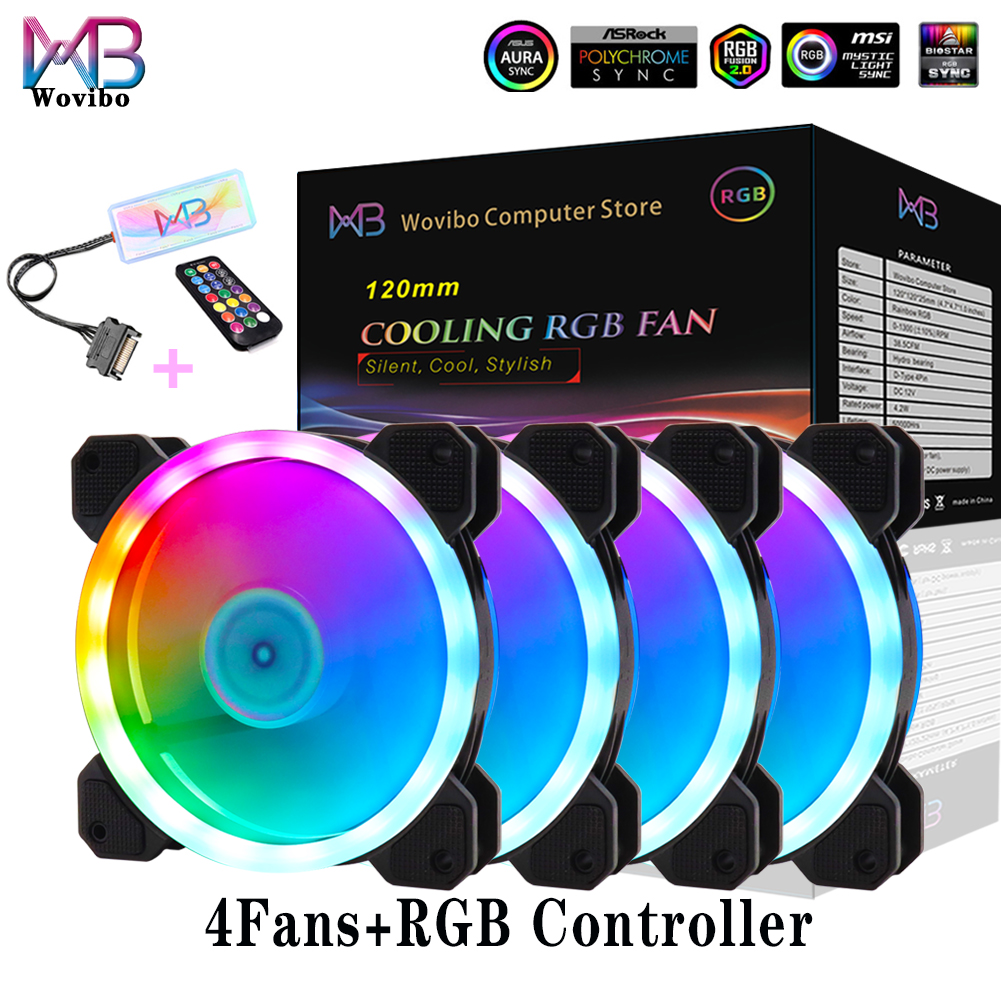 Wovibo-Ventilador RGB de 120mm, enfriador silencioso Argb, Pc, ordenador, 6 pines, 12cm, placa base, sincronización Aura: 4Fans With RGB