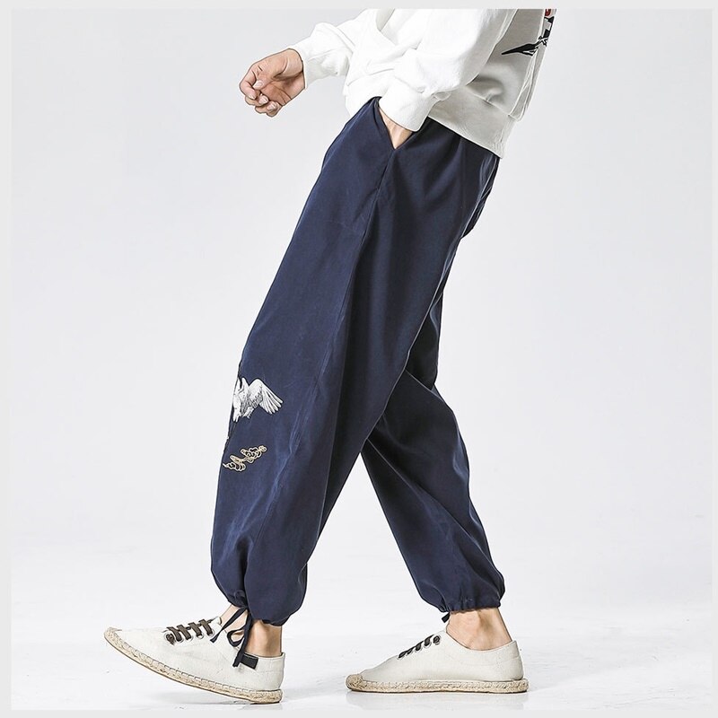Traditional Chinese Pants Men Clothing Casual Vintage Trousers Embroidery Red-Crowned Crane Kimono Harem Pants KK3260