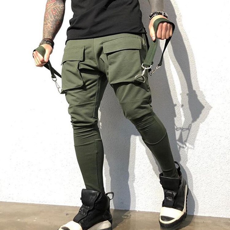 Fitness vår och höst sport casual hiphop byxor fram och bak tredimensionella herrbyxor med flera fickor: M / Grön