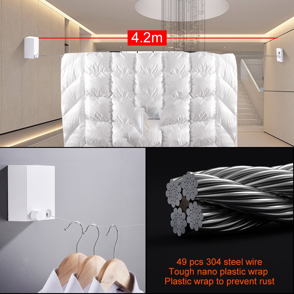 Indoor Outdoor Balcony Invisible Drying Lines Washing Clothes Hanger Laundry Drying Line Wall-mounted Retractable Clothesline 4M