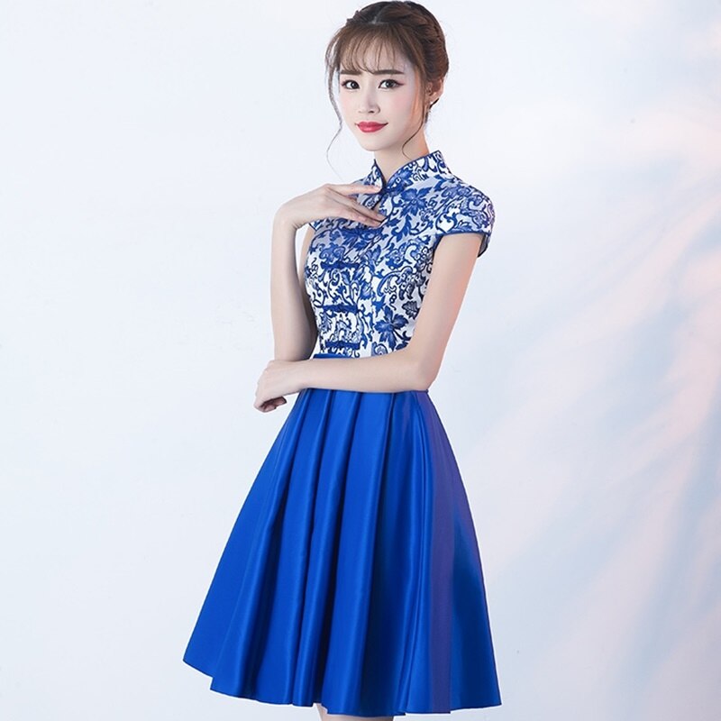 Royal Blue Modern Chinese Dress Female Mandarin Collar Petite Vestido Qipao Ladies Cheongsam Style Chinese Clothing Stor F1628 L