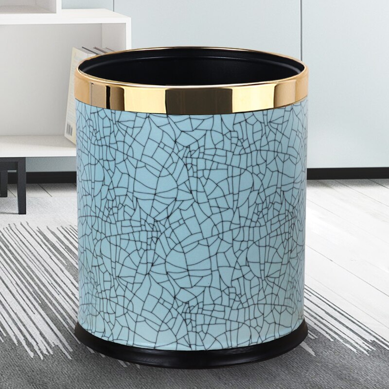 Poubelle de luxe en métal avec couvercle en cuir | Poubelle de bureau ouverte à Double couche de forme ronde: Blue 02 gold ring