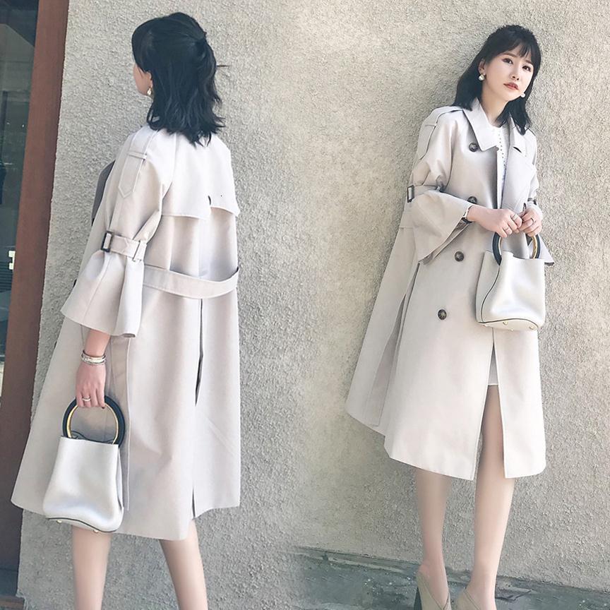 Lanmrem herfst trenchcoat dames turn-down kraag flare mouwen taille riemen windjack dames los  ef40000m twee kleuren