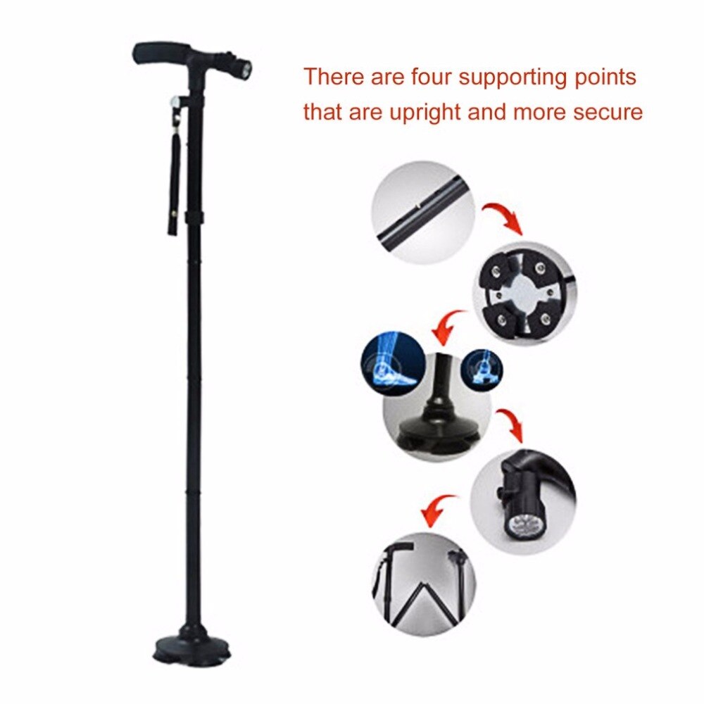 Magic Cane Folding LED Light Safety Walking Stick 4 Head Pivoting Trusty Base For Old Man T Handlebar Trekking Poles Cane