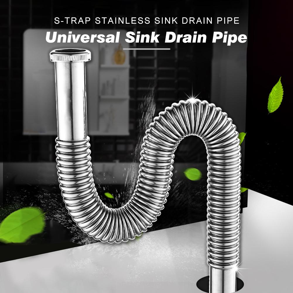 80cm Stainless Steel Siphon Flexible Hose Sink Drain Sinks Bathroom Kitchen Basin Water Tube Pipe
