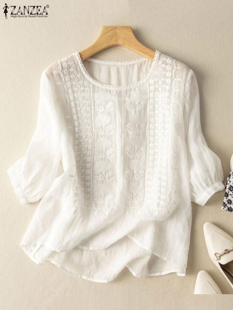 ZANZEA Summer Eleagnt Shirts Women O Neck Floral Embroidery Blouse 3/4 Sleeve Work Tops Causal Loose Cotton Blusas Femme Tunic: 4XL / WHITE