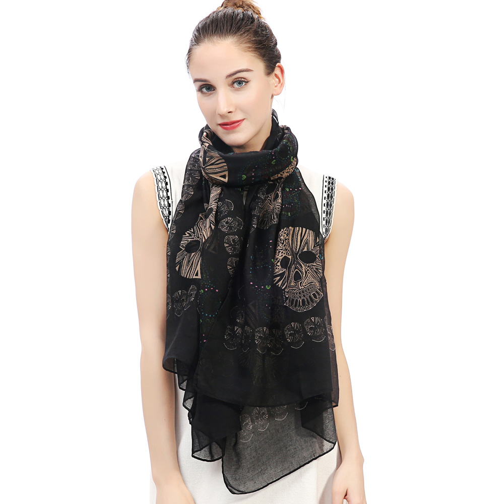 Sugar Skull Print Women's Large Scarf Shawl Wrap Accessories: black