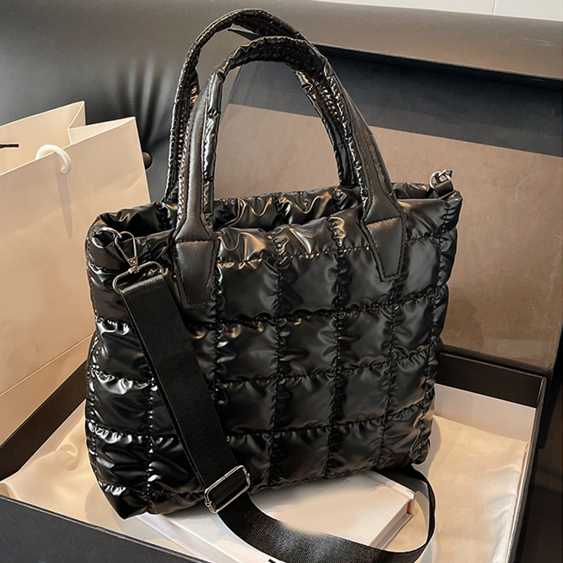 dames gezwollen draagtas PU lakleer gewatteerd groot formaat student laptop crossbody tas dames herbruikbare boodschappenschoudertas: Black