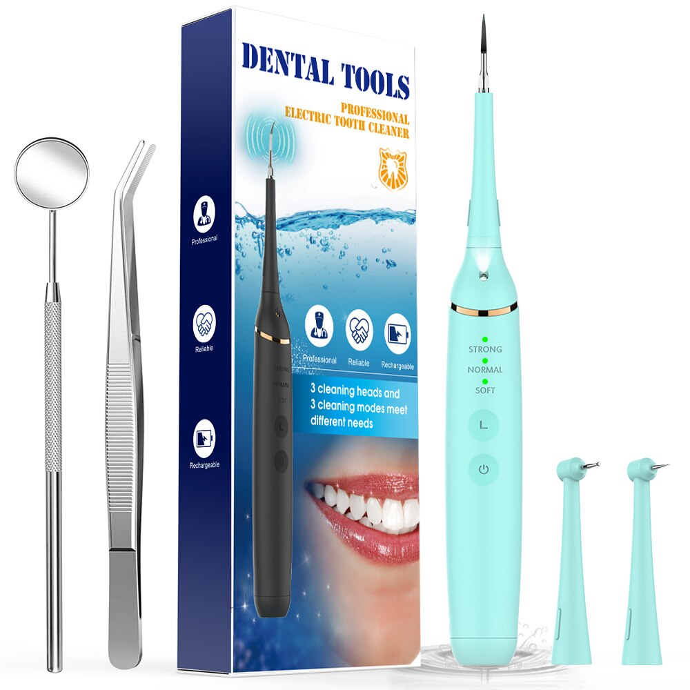 Removedor de cálculo dental elétrico, raspador de tártaro xpreen com 3 cabeças de limpeza-uso doméstico kit de ferramentas de raspador de tártaro incluindo denta: green