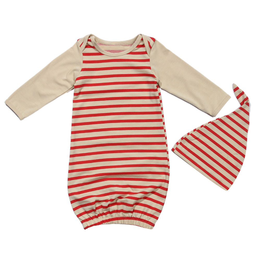 Nyfødt spædbarn baby pige kjole indpakning pyjamas nattøj kommer hjem outfitstoddlers 2 stk sæt rødstribede natkjoler + hat