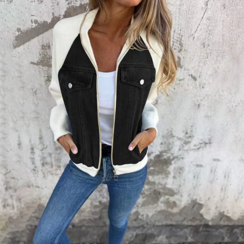 Patchwork-Stil schöNe Stehkragen Jacken weiblichen Reiß verschluss wilde schlanke Jeans mäntel Spitzen Herbst Winter Oberbekleidung: XL / Weiß