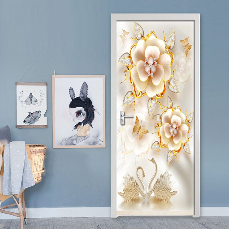 Joyería en relieve 3D, pegatina de lujo de flores para puerta 3D, Mural de pared, papel tapiz para puerta de habitación, Pegatina autoadhesiva de pared, decoración impermeable