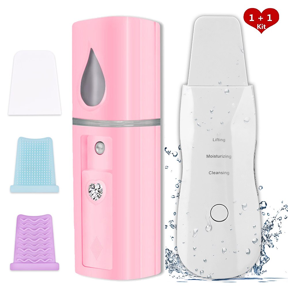 Oplaadbare Huid Scrubber Gezicht Stoomboot Koud Nano Mist Spuit Facial Peeling Reiniging Porie Schoner Mee-eter Verwijderen Schoonheid: pink without box