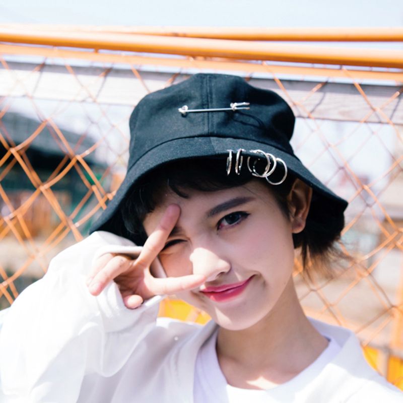 Harajuku Punk algodón personalidad sombrero de cubo Metal Pin o-anillos Color sólido ala ancha protector solar plegable Hip Hop pescador Cap