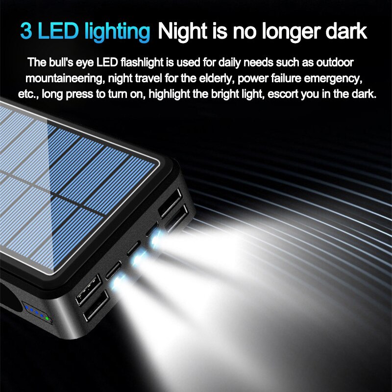 80000mah Solar Power Bank Solar Panel Wireless Portable Charger Outdoor Emergency 3LED Charger Powerbank For Xiaomi Iphone