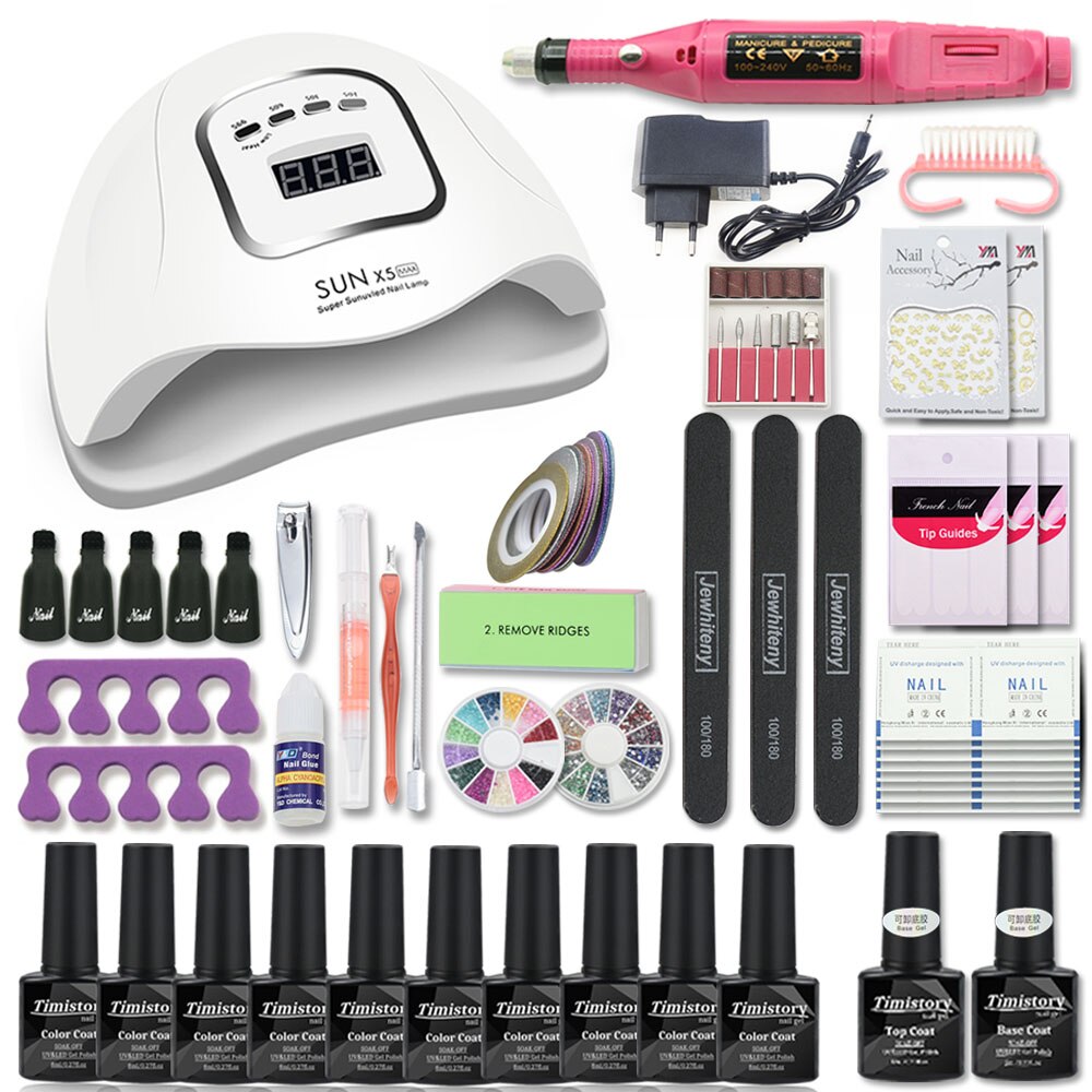 Manicure sæt til søm kit 80w uv lampe tørretumbler søm sæt med søm boremaskine 10 stk negle gel polish soak off manicure værktøjssæt