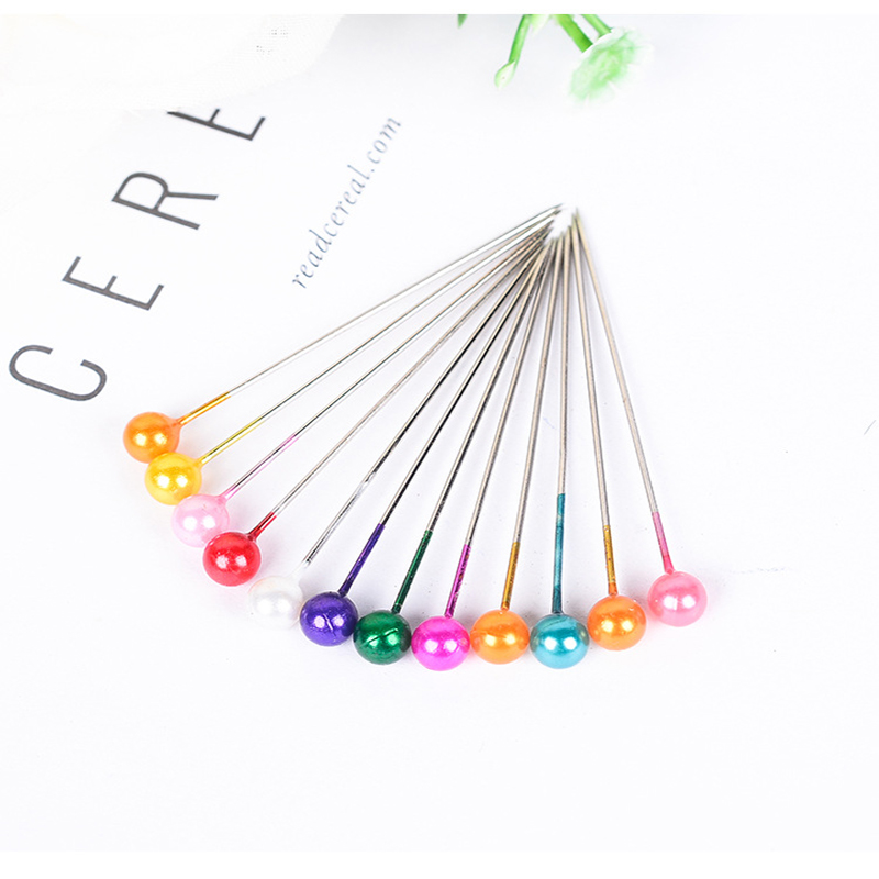 100Pcs/Box 40mm Colorful Round Pearl Head Needles Stitch Straight Push Sewing Pins For Dressmaking DIY Sewing Tools Positioning