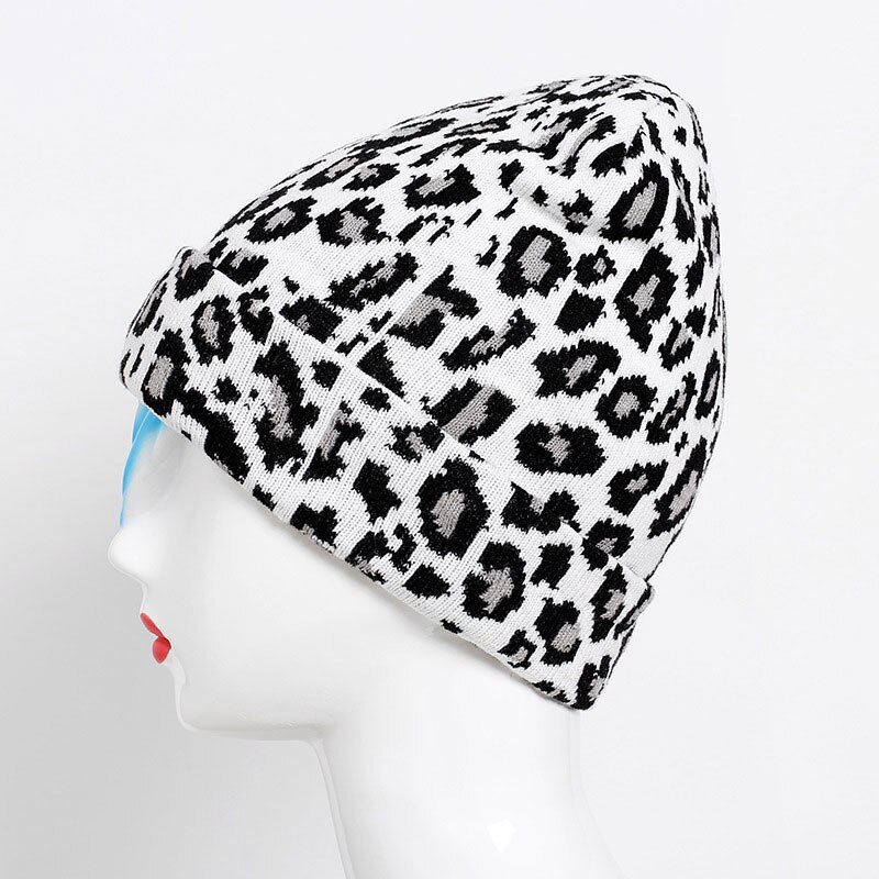 Vinter hat til voksne kvinder mænd vinter leopard hæklet strik hat varm kasket leopard uld kvinders strikket hat kvinders hat: Hvid