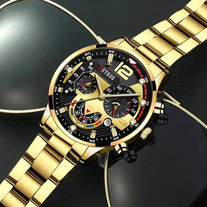 3PCS Set Mode Heren Zakelijke Horloges Mannelijke Casual Rvs Quartz Horloge Mannen Gouden Ketting Armband Polshorloge