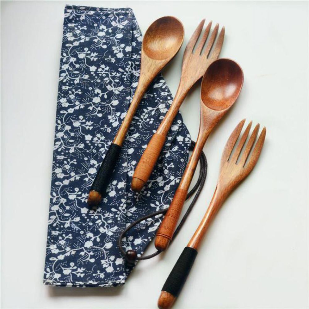 3 pièces/ensemble simplicité japonais fait à la main en bois naturel cuillère + fourchette + sac en tissu meilleur dîner Table décoration