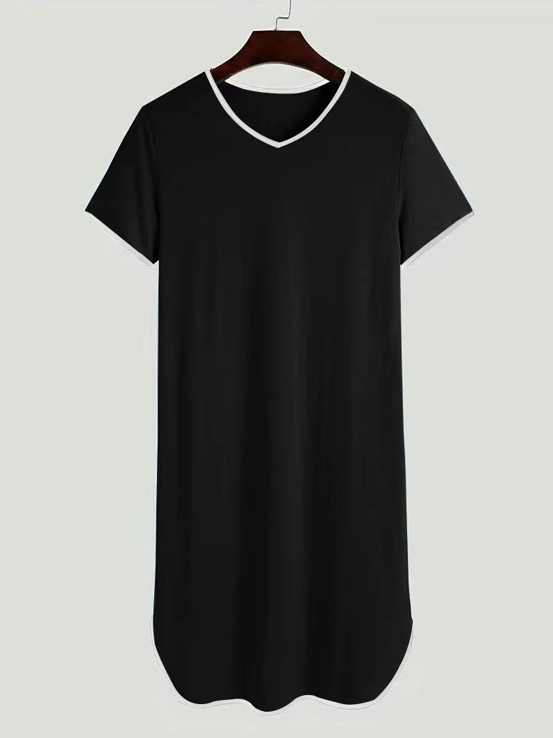 Men's Short-sleeved Lengthened Pajama Robes Loose Skin Friendly Casual Home Clothes Simple Vintage Bathrobe Men Nightgown: M / black