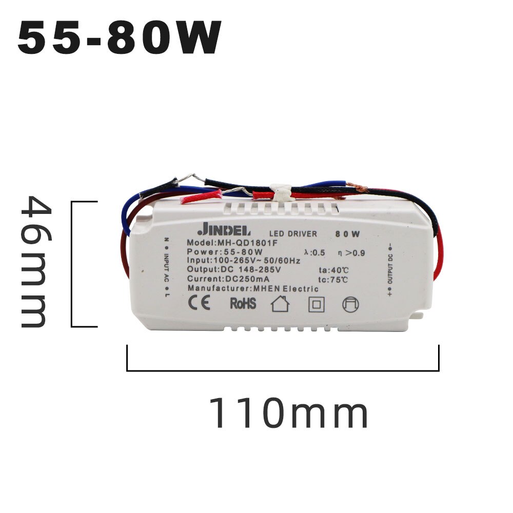 Ac100-265v vakiovirta led -ohjain  dc5.4-360v led -ohjain 250ma vakiovirtalähde 2-5w 4-7w 8-12w 13-18w 80-100w: 55-80w