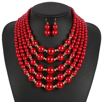 Maxi Exaggerated Bohemian Gold Jewelry Set Handmade Strand Beads Pearl Jewelry Sets for Women Multilayer Necklace and Earrings: red