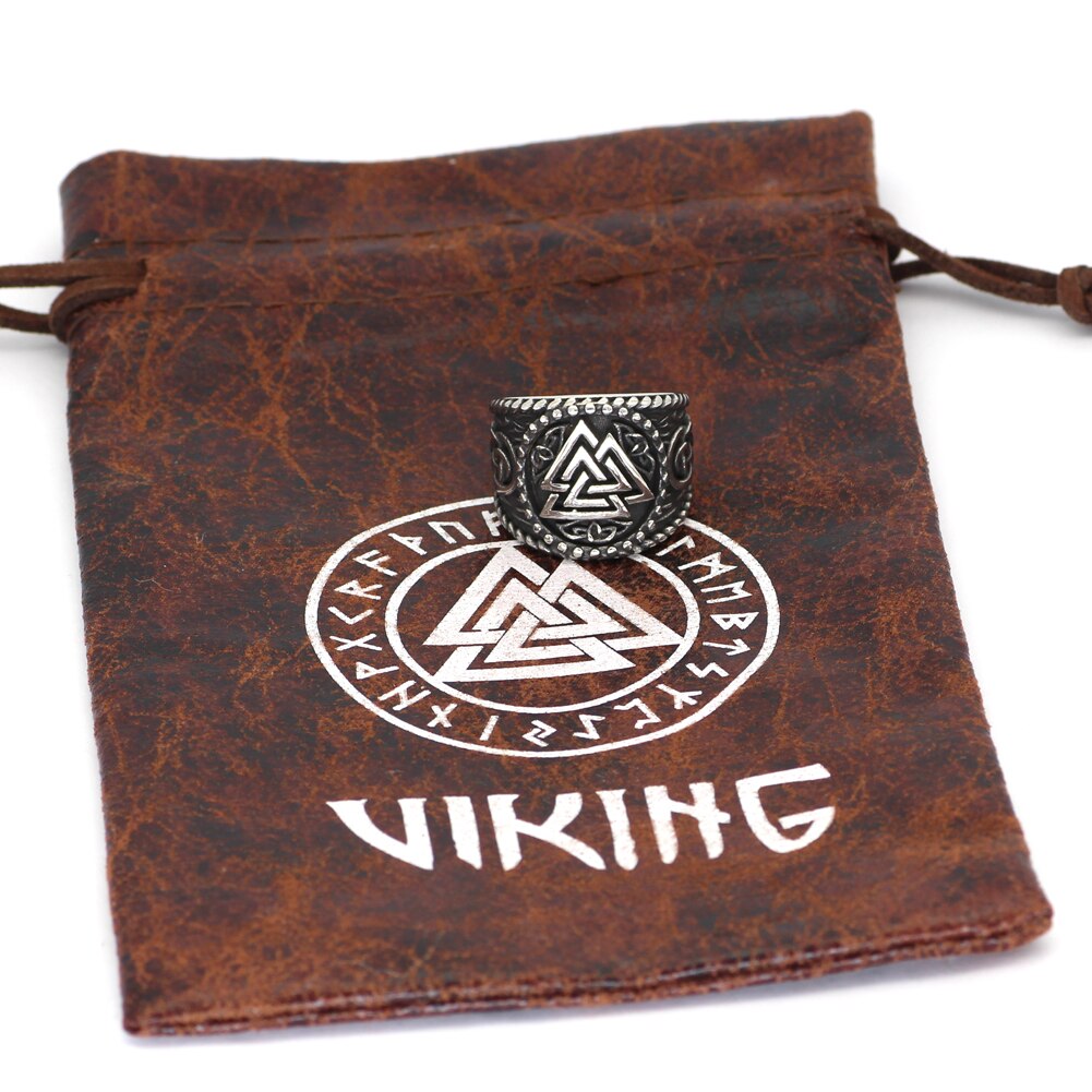 men norse viking Valknut Knot Scandinavian amulet Valknut Ring Stainless Steel With Valknut Bag