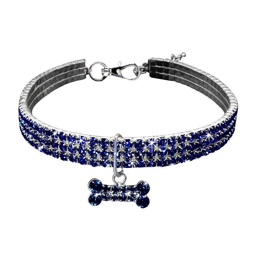 Collares bonitos para perros de compañía, Mini collares ostentosos con diamantes de imitación, collar para perro, hueso de perro, suministros para mascota de diamantes: Azul / M