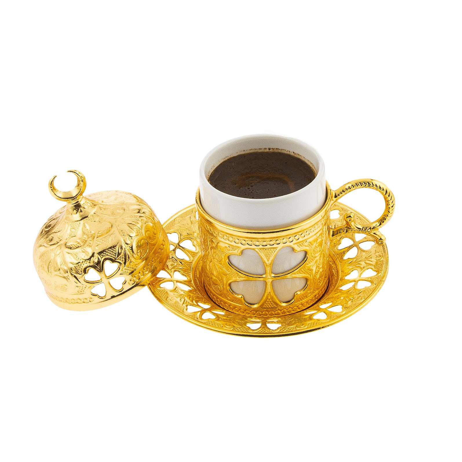 Autentisk tyrkisk kaffe espresso sæt sæt kløver mønster kaffegrej arabisk kaffekop sæt te kop sæt grækenland kaffesæt: Gylden kaffekop