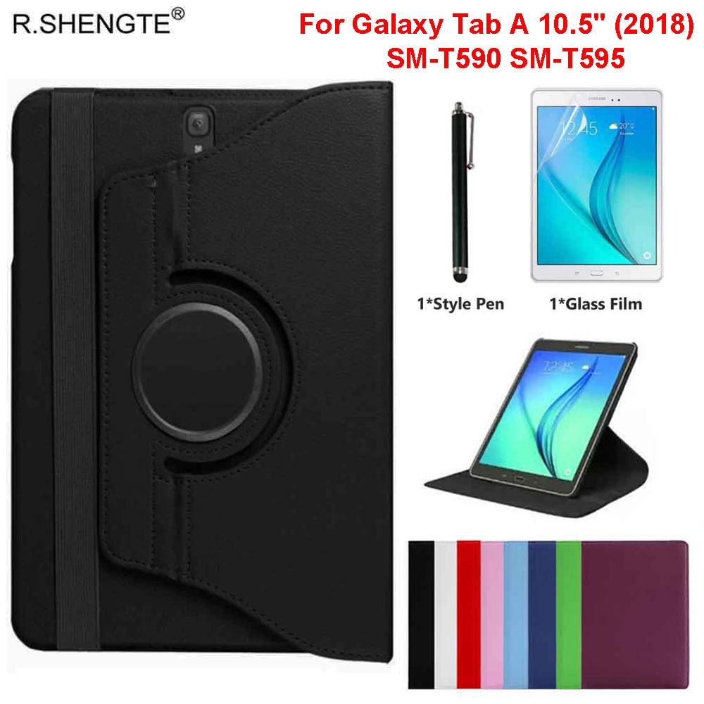 För samsung galaxy tab  a 10.5 fodral surfplatta sm -t590 sm-t595 sm-t597 360 roterande filp läder stativfodral med penna+film