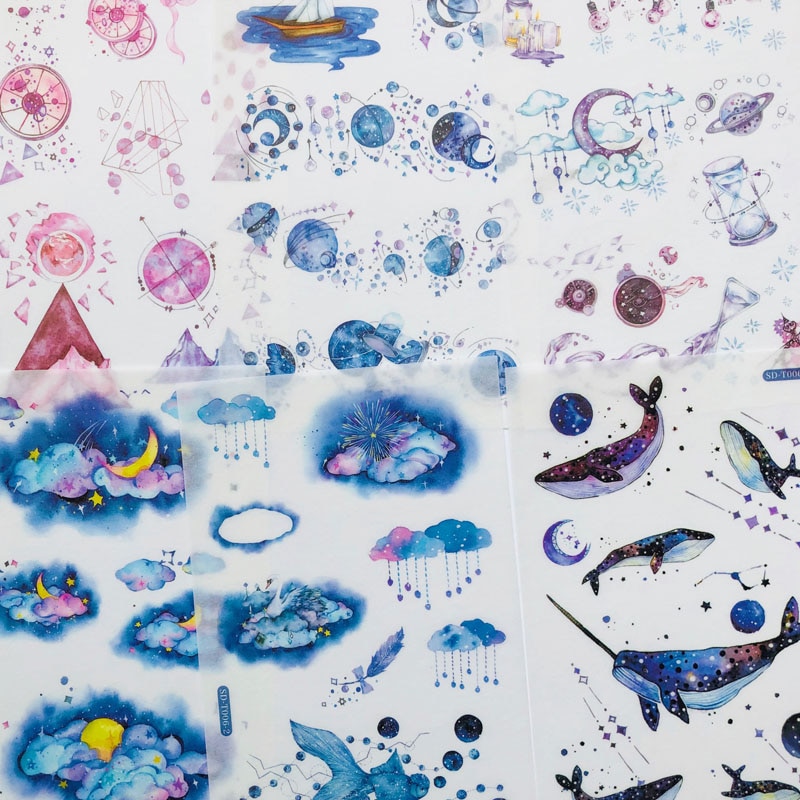 Autocollant de décoration ciel étoilé nuit, planète lune baleine, étiquette autocollante pour journal intime, Scrapbooking, 6 feuilles/paquet