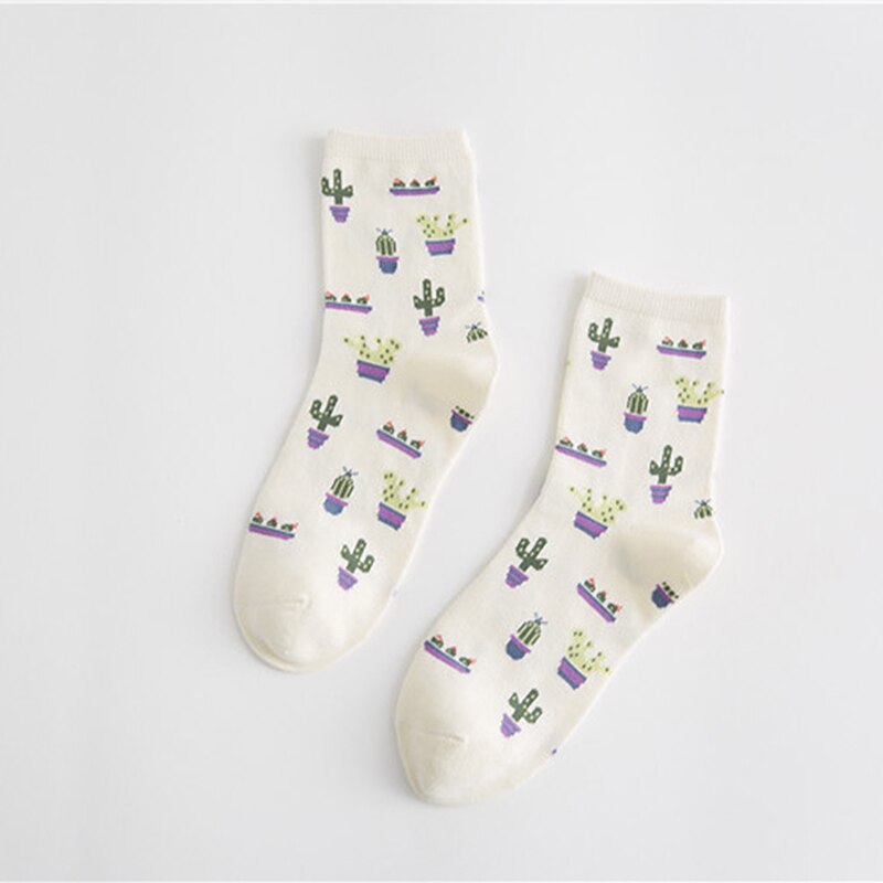 HENGSONG-Calcetines de algodón con de Cactus para mujer, calcetín cómodo, bonito, para deporte de abrigo: white