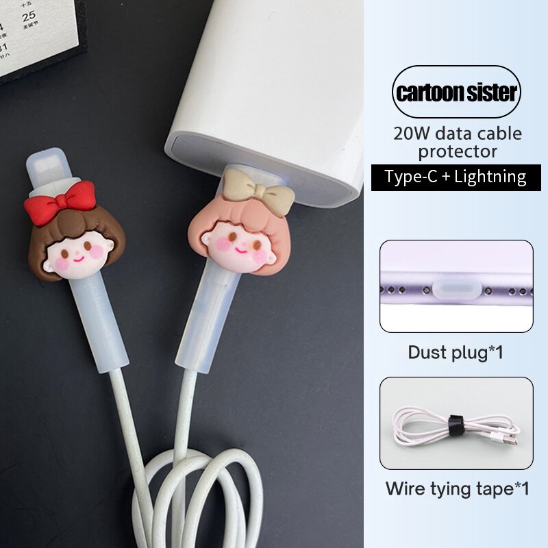 Silicone Charger Cable Protector For Apple Lightning To Usb Both Ends Protector Cover For iPhone Lightning To Type C Cable: 20W Cartoon Sisters