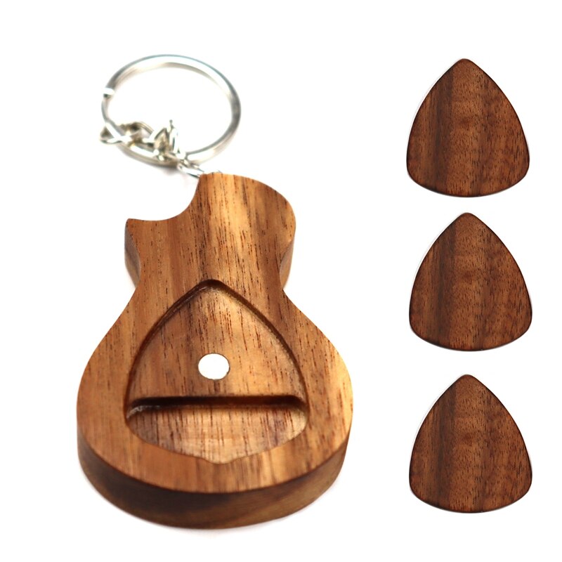 Gitaar Houten Pick Doos Gitaar Vormige Pick Houder Met Hout Picks Voor Gitaar Bas Muziek Instrument: 3Pcs