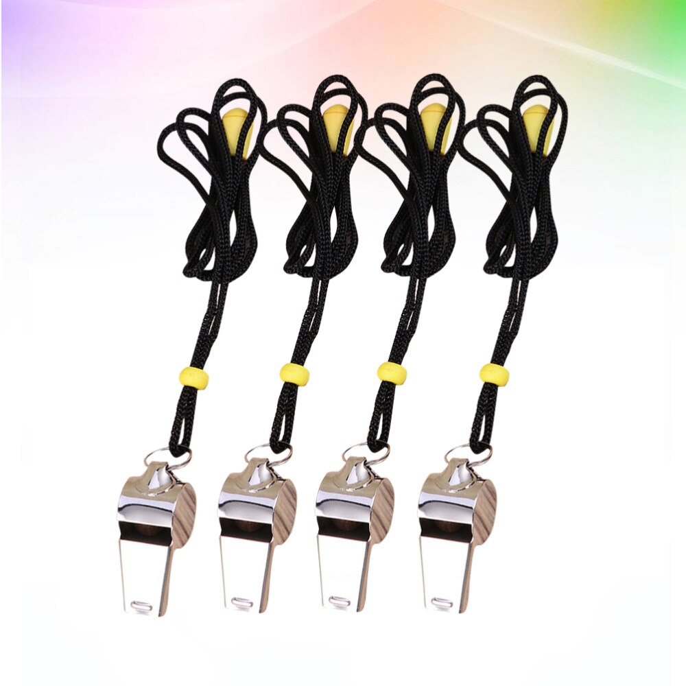 4Pcs Rvs Fluitjes Metalen Scheidsrechter Fluitje Met Lanyard Voor Voetbal Ambtenaren (Zilver)